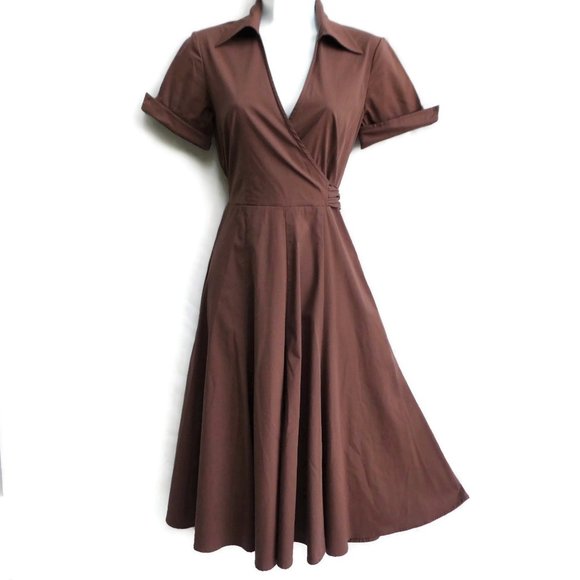 Vintage Dress Surplice Alyn Paige Tie Belt Brown Minimalist Neutral Midi Flare - Picture 1 of 9